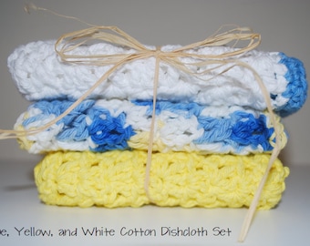 Blue, Yellow, and White Crochet Cotton Dishcloths - Set of 3