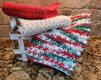 Handmade Crochet Oversized Cotton Dishcloths,  Washcloths, Dish Rags - Set of 3 "Mistletoe"