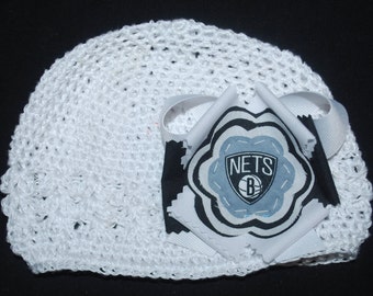 Brooklyn Nets Fabric Flower Crochet Hat for Newborn