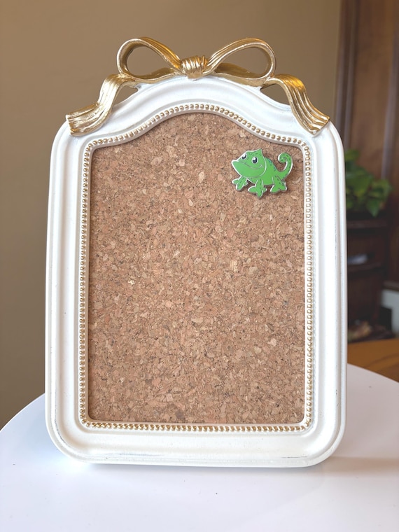 White with Gold Bead Border and Bow Pin Trading Pinboard Corkboard Frame Display
