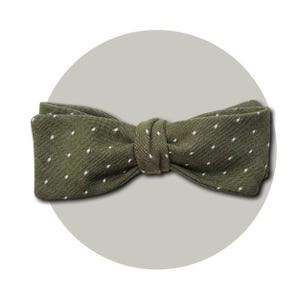 Handmade Bespoke Bow Tie – &quot;Three Olives&quot; Self-Tie, Slim Style in Polka Dot Olive Woven Cotton Chambray | Custom Pointed or Straight