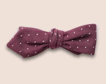 Self Tie Bow Tie Adjustable, Straight Vintage Style, Mauve Polka Dot Cotton Chambray, Custom Handmade to Order | Doctor Cosplay
