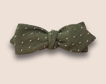 Self Tie Bow Tie Adjustable, Straight Vintage Style, Olive Green Polka Dot Cotton Chambray, Custom Handmade to Order