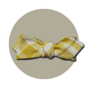 Handmade Bow Tie &quot;Mustard on the Beat&quot; Slim Pointed Style in Yellow, Beige and Ivory Plaid Fine Linen | LAST ONE | Ready to Wear
