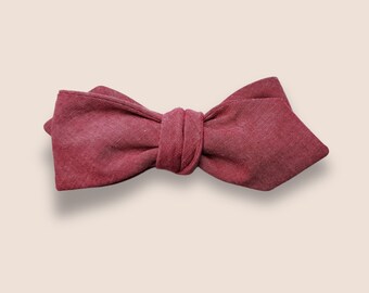 Self Tie Bow Tie Adjustable, Straight Vintage Style, Pink Cotton, Custom Handmade to Order