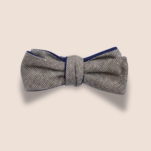 Self Tie Bow Tie Adjustable, Reversible, Straight Vintage Style, Wool-Cashmere Blend Tweed and Navy Blue Cotton, Custom Handmade to Order