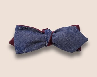 Self Tie Bow Tie Adjustable, Reversible, Straight Vintage Style, Navy Cotton with Pineapple Motif and Merlot Linen, Custom Handmade to Order