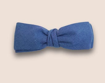 Self Tie Bow Tie Adjustable, Straight Vintage Style, Blue Cotton, Custom Handmade to Order