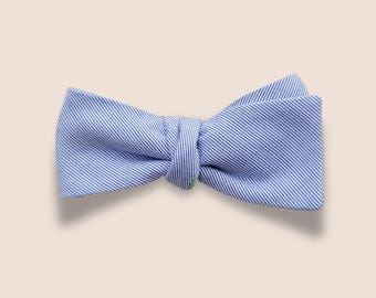 Self Tie Bow Tie Adjustable, Reversible, Straight Vintage Style, Ice Blue and Mint Green Pinstripe Cotton, Custom Handmade to Order