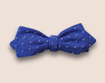 Self Tie Bow Tie Adjustable, Straight Vintage Style, Royal Blue Polka Dot Cotton Chambray, Custom Handmade to Order