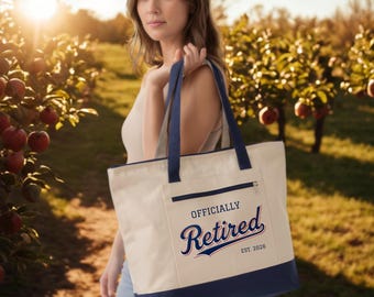 2026 Retirement Gift Tote with Zipper, Sports Theme Design, Officially Retired Gift, Two-Tone Canvas Bag, Beach Travel Bag