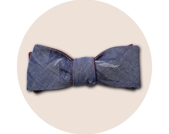 Self Tie Bow Tie – Adjustable, Reversible, Straight Vintage Style, Navy Blue Cotton Pineapple Motif and Merlot Red Linen | Ready to Wear