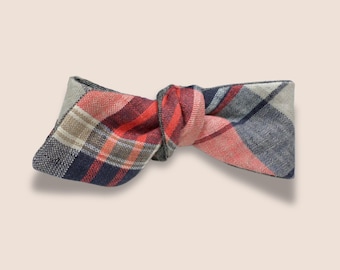 Handmade Bow Tie, Linen – Self-Tie, Reversible, Slim, Vintage Style | Made to Order | Madras Red