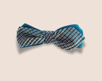 Self Tie Bow Tie Adjustable, Reversible, Straight Vintage Style, Green Black Checker Pattern Cotton and Teal Linen, Custom Handmade to Order