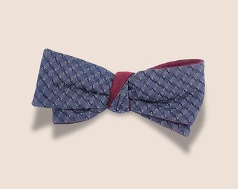 Self Tie Bow Tie Adjustable, Reversible, Straight Vintage Style, Navy Blue Dobby Cotton Denim and Merlot Linen, Custom Handmade to Order