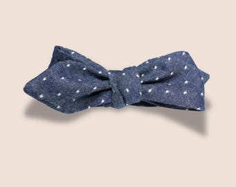 Self Tie Bow Tie Adjustable, Straight Vintage Style, Indigo Blue Polka Dot Cotton Chambray, Ready to Wear in Square or Pointed