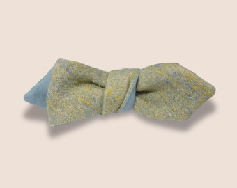 Self Tie Bow Tie Adjustable, Reversible, Straight Vintage Style, Pale Yellow Silk and Ice Blue Belgian Linen, Custom Handmade to Order