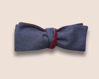 Self Tie Bow Tie Adjustable, Reversible, Straight Vintage Style, Navy Blue Cotton Print and Merlot Linen, Custom Handmade to Order
