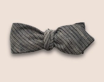 Self Tie Bow Tie Adjustable, Straight and Narrow Vintage Style, Gray Pinstripe Linen, Custom Handmade to Order