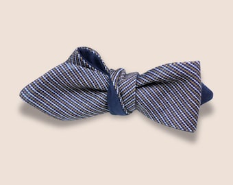 Self Tie Bow Tie, Adjustable, Reversible, Straight Vintage Style, Navy Blue Cotton and Pinstripe, Custom Handmade to Order