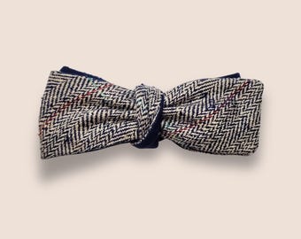 Self Tie Bow Tie Adjustable, Reversible, Straight, Neodeco Style, Vintage Japanese Herringbone Silk and Blue Wool, Custom Handmade to Order