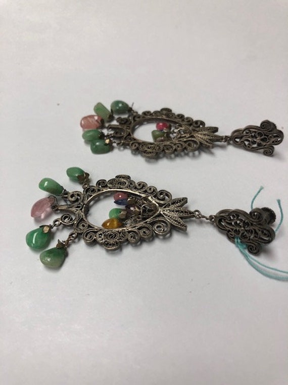 Antique Chinese Silver Jade Ruby Earrings Blue Sa… - image 2