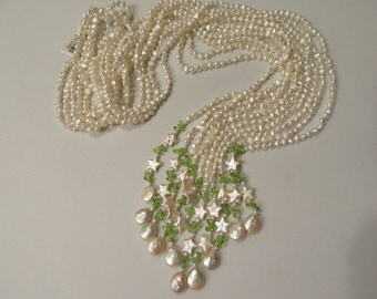 Peridot and Pearls Moon and Stars Necklace Designer Multi-Strands