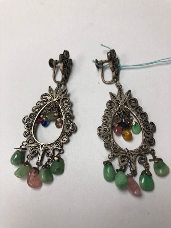 Antique Chinese Silver Jade Ruby Earrings Blue Sa… - image 1