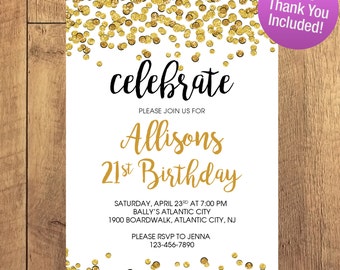 Adult Birthday Party 21 Birthday Invitation FREE THANK YOU Included