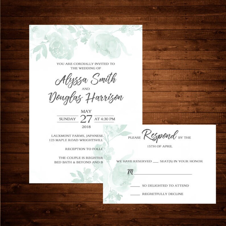 Mint Green Wedding Invitation Wedding Invitation Floral Etsy