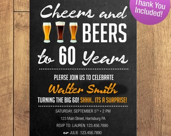 Cheers & Beers Surprise 30 40 50 60 70 80 Birthday Invitation FREE THANK YOU Included