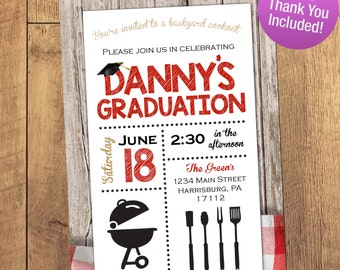 Graduation  BBQ Invitation, Printable Invitation, Black and Red BBQ Invite, FREE Thank You, Summer Cookout, Graduation Bbq Party, Summer