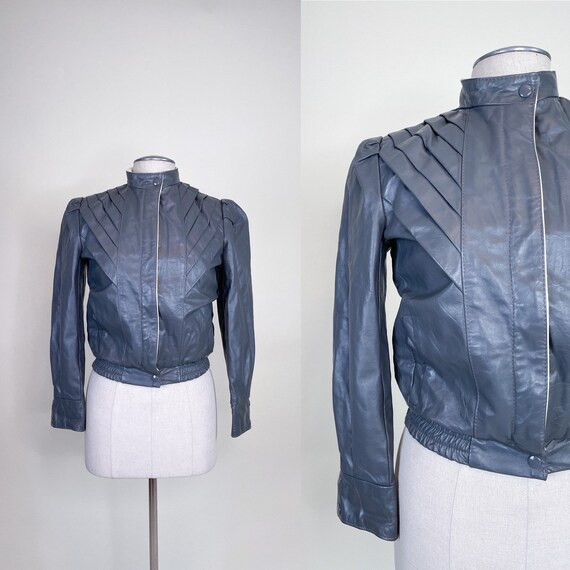 Vintage 1980s Grey and White Cropped Leather Coat… - image 1