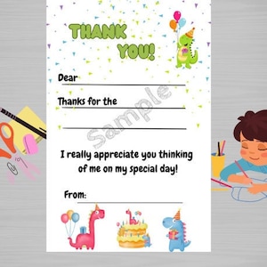 Druckbare Kinder Dankeskarten Dinosaurier DIY einfach Füllen Sie die leere Sofort-Download Kinder Handwerk Dankeskarten für Geschenk Kinder Geburtstag
