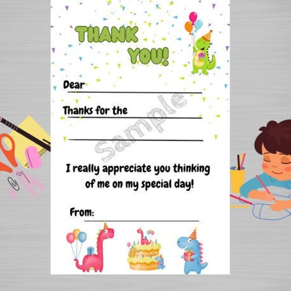 Printable Kids Thank You Cards Dinosaurs DIY Easy Fill in the Blank Instant Download Children's Craft Thank You Cards For Gift Kids Birthday
