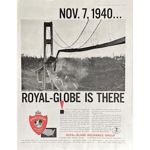 Royal Globe Insurance 1959 Vintage Print AdTacoma Bridge Collapse Photo Mid Century Modern Insurance Memorabilia Retro Royal Globe Ad