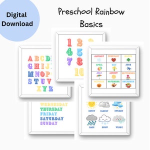 Imprimibles preescolares Arco Iris ABC Números Meses Tiempo Pósteres de educación en casa Alfabeto educativo Pósteres de conteo Decoración del aula de profesores