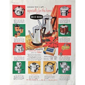 1955 West Bend Home Products Vintage Print Ad Retro Coffee Pot Mixers Cookware Mid Century Modern Kitchen Appliances Photo 1950's