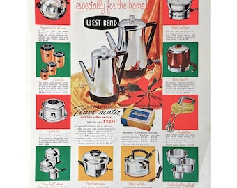 1955 West Bend Home Products Vintage Print Ad Retro Coffee Pot Mixers Cookware Mid Century Modern Kitchen Appliances Photo 1950's