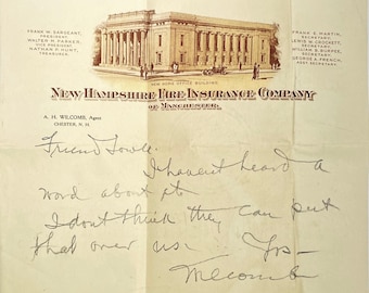 Vintage Letter New Hampshire Fire Insurance Company of Manchester Business Letterhead Memorabilia Handwritten Letter Collectible Insurance
