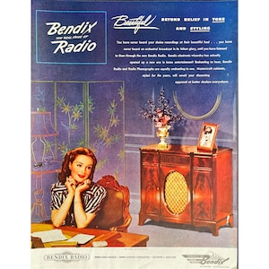 Bendix Radio Vintage Print Ad 1945 Retro Radios Memorabilia Vintage Music Mid Century Modern Console Radio Collector Ad Vintage Radio
