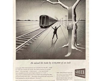 Gruen Watches 1944 Vintage Print Ad Retro Watch Advertisement Precision Watch Vintage Accessories Ads Man Missing The Train