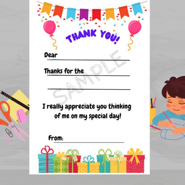 Printable Kids Thank You Cards DIY Easy Fill in the Blank Instant Download Children's Craft Thank You Cards For Gift Kids Birthday Holidays