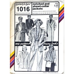 May include: A vintage sewing pattern for notched and shawl-collar jackets, labeled "Stretch & Sew 1016." The pattern features illustrations of various jacket styles, with bust sizes ranging from 30 to 46 inches. The cover includes the text "one pattern many looks."