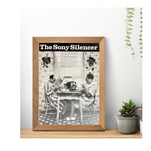 May include: A framed vintage advertisement, "The Sony Silencer." The black and white image shows a couple at a table with a small television. The man reads a newspaper, while the woman appears to be sewing.