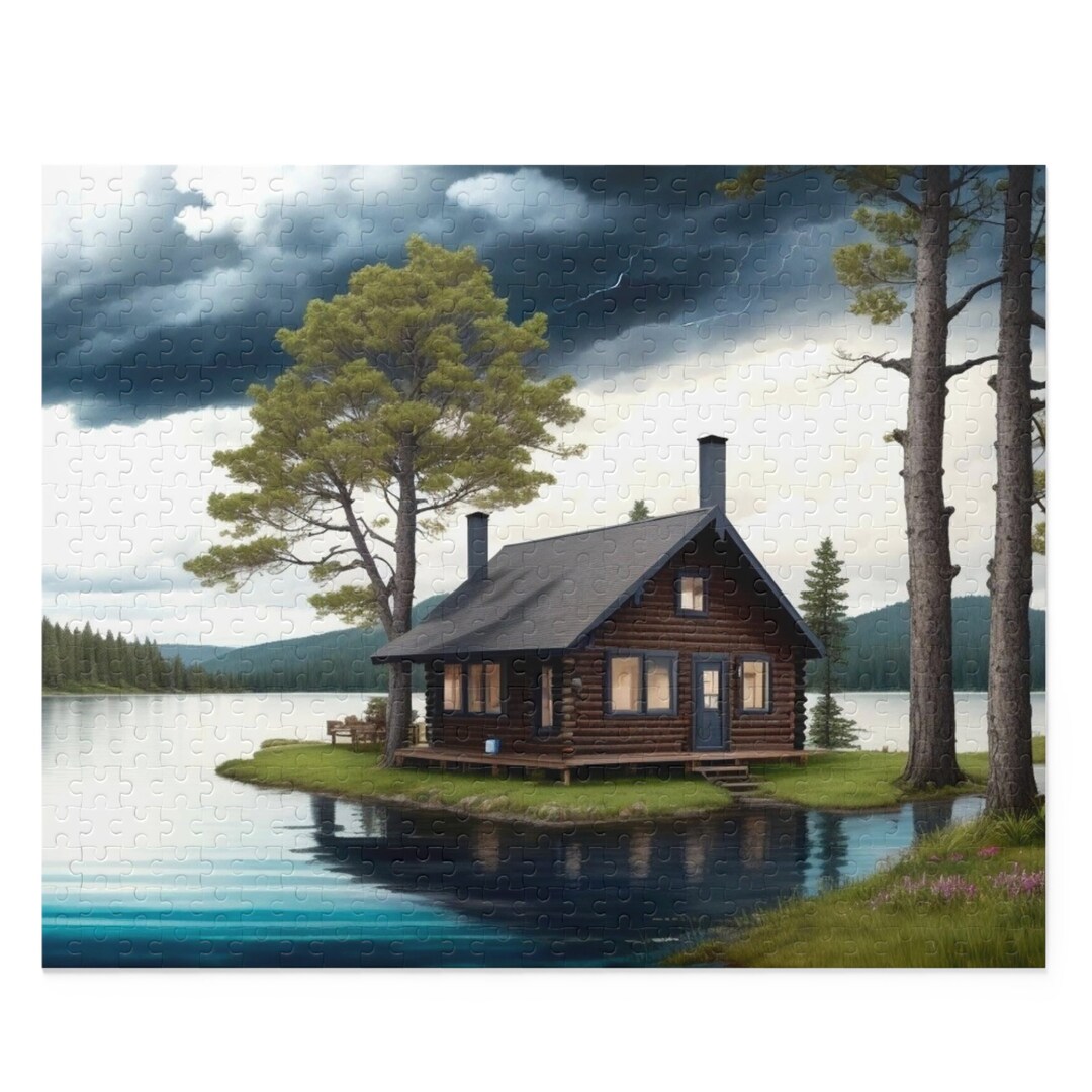 Log Cabin Jigsaw Puzzle Lakeside Cabin Puzzle Stormy Skies Etsy