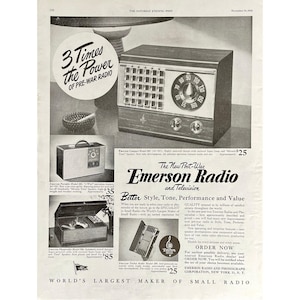 Emerson Radio Vintage Print Ad 1945 Retro Radio Post War Memorabilia Table Radio Vintage Table Radio 1940&#39;s Mid Century Modern Music Radio