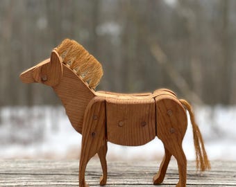 Vintage Rustic Wooden Horse Simplistic Design Natural Wood Jute Mane Tail Horse Lover Collectible