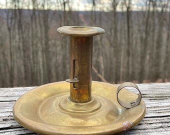 Vintage Brass Candlestick Holder Chamberstick Push Up Finger Loop Candle Holder