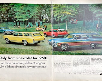 1968 Chevy Station Wagon Vintage Print Ad Retro Wood Sided Wagon Memorabilia Mid Century Modern Chevy Wall Art Retro Garage Vintage Car Ads